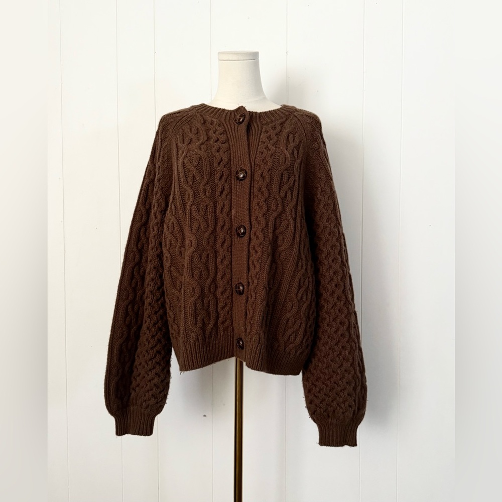 Meadows Quince Thick Cable Knit 100% Wool Cardigan Size US 6 Chocolate Brown - Picture 5 of 10